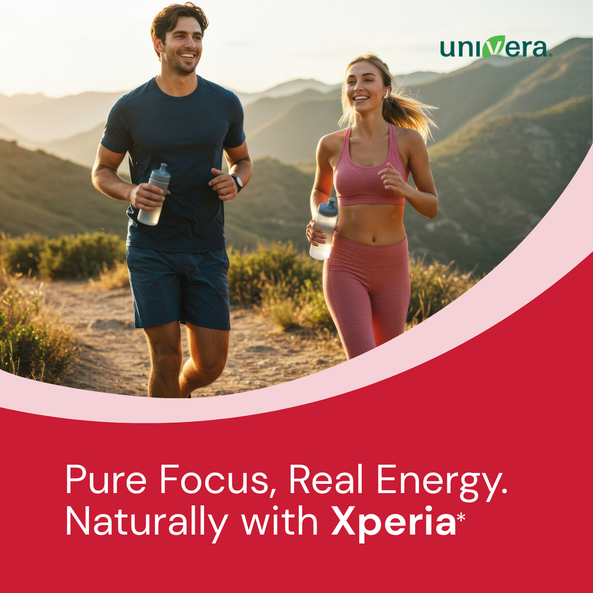Two people running outdoors with a scenic background, featuring the Univera brand.