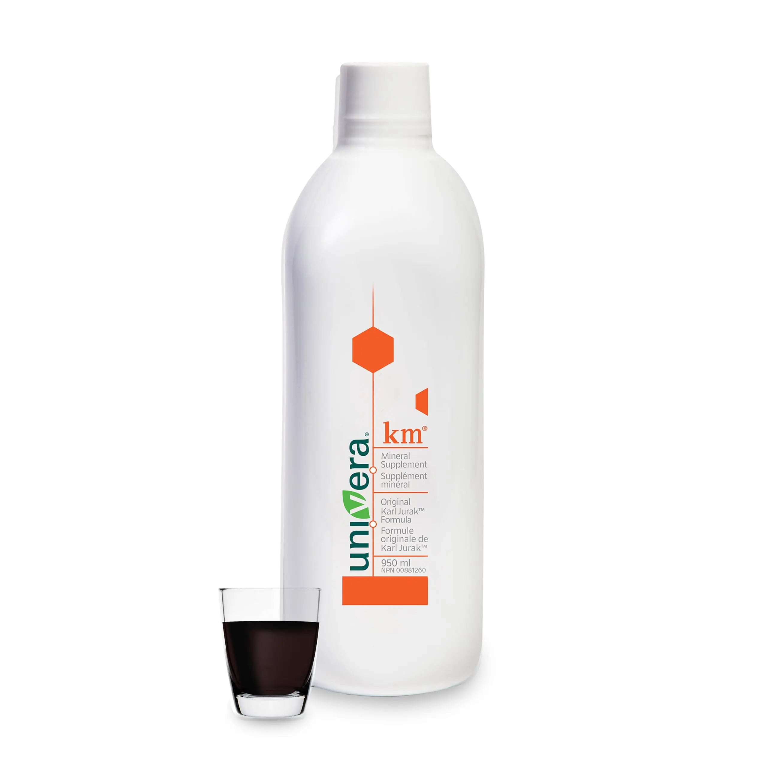 White bottle with Univera branding next to a glass of dark liquid on a white background